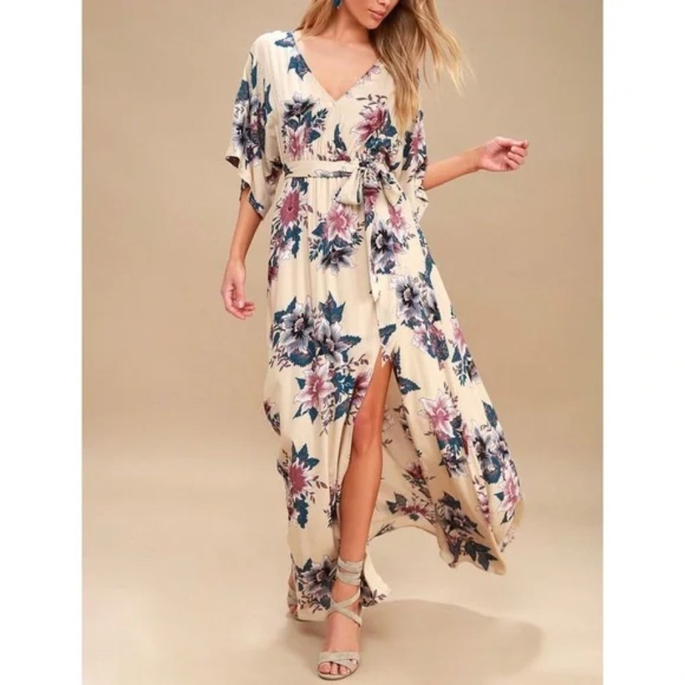 Lulu's Berkshire Beige Floral Faux Wrap Maxi Dress